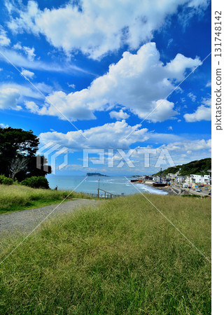 Shonan Coast, Sagami Bay and Enoshima from Inamuragasaki Park, white clouds 131748142