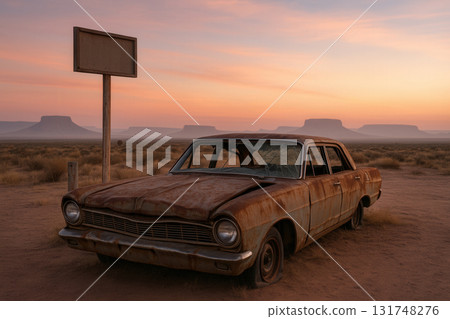 Abandoned Rusty Sedan at Dawn in Desert Landscape with Empty Sign 131748276