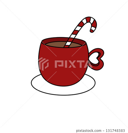 A red mug with a heart on it and a red cane in it 131748383