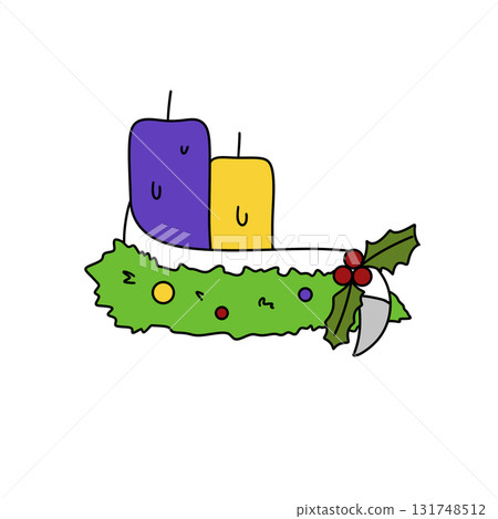 A drawing of a Christmas wreath with candles on it 131748512