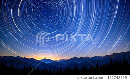 A starry sky with linear star trails rotating around the North Star A starry sky with linear star trails rotating around the North Star 131748559