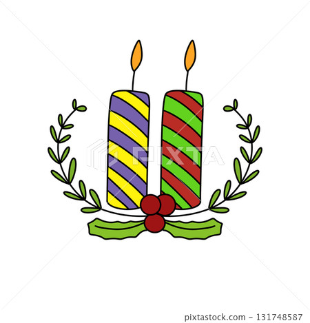 Two candles with green and red stripes on them are lit 131748587