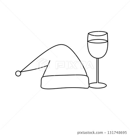 A white hat with a red button on the top and a wine glass with a stem A white hat with a red button on the top and a wine glass with a stem 131748695