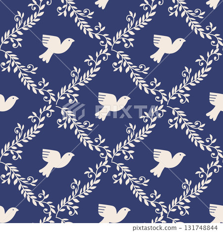 Cream Bird Folk Vine Pattern 131748844