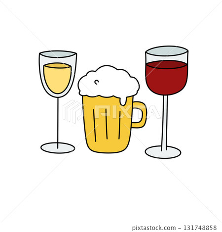 A cartoon drawing of a glass of wine, a glass of beer, and a glass of milk 131748858