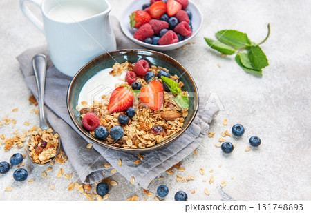 Healthy breakfast granola yogurt bowl with fresh berries 131748893