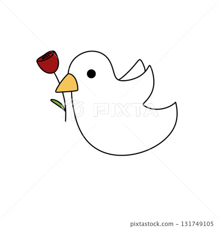 A white bird holding a red rose in its beak 131749105