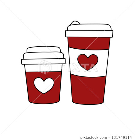 Two red coffee cups with hearts on them Two red coffee cups with hearts on them 131749114