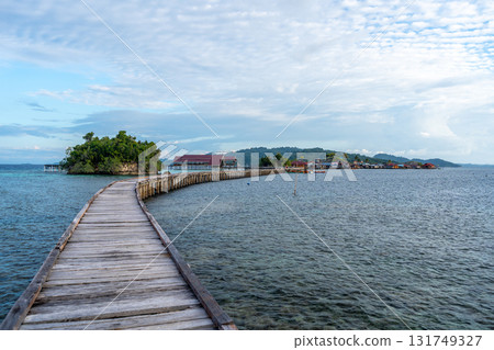 Wooden jetty to Bajo village, Pulau Papan, Sulawesi, Indonesia 131749327