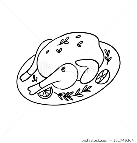 Delicious roast chicken on a decorative plate with herbs and citrus slices. Hand drawn illustration in line style. Delicious roast chicken on a decorative plate with herbs and citrus slices. Hand drawn illustration in line style. 131749364