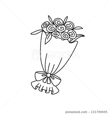 A bouquet of flowers is wrapped in a ribbon 131749445