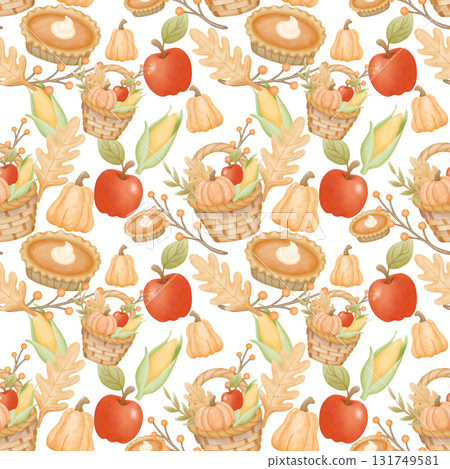 Thanksgiving seamless watercolor background with holiday meal and rustic decor Thanksgiving seamless watercolor background with holiday meal and rustic decor 131749581