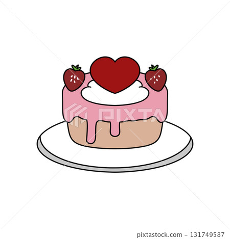 A pink cake with a heart on top and strawberries on the sides 131749587