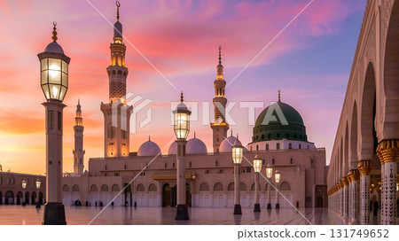 realistic mosque view with sunset colors and tranquil water foreground 131749652