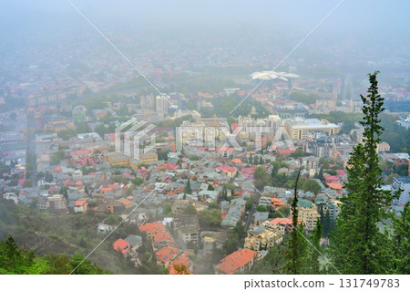 View of a city blanketed in fog with buildings and greenery in the foreground 131749783