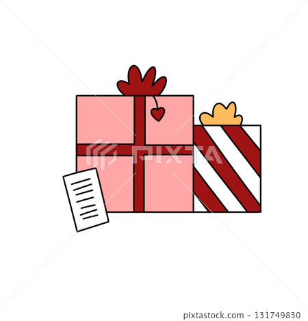 A red and white striped box with a red ribbon 131749830