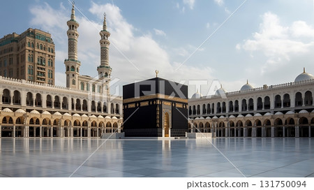 Kaaba framed by sandstone colonnades and minarets under bright blue sky in Mecca Grand Mosque courtyard 131750094
