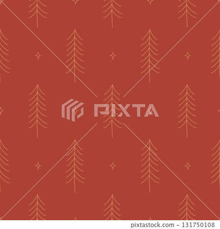Seamless pattern with minimalist fir trees and stars on a red background. Hand drawn vector illustration for wrapping paper, textile, fabric. 131750108