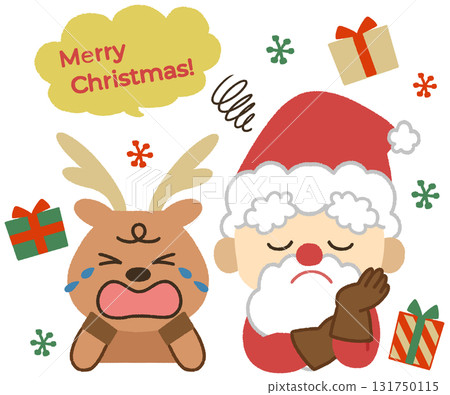 Christmas icon illustration of a crying reindeer and Santa with a troubled face 131750115
