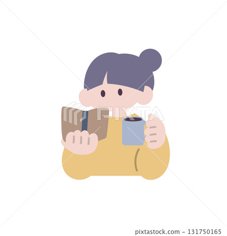 Woman reading a book while drinking coffee Woman reading a book while drinking coffee 131750165