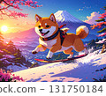 Snowboarding jump with Mt. Fuji and sunrise in the background | Dynamic winter scenery of snowy mountains shining in the morning sun 131750184