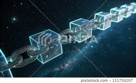 Futuristic blockchain technology concept with digital data chain of glowing transparent block in space. secure network for global finance 131750207
