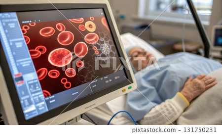 Pensive senior patient hospital bed next to medical monitor screen showing magnified blood cell analysis with modern technology for treatment 131750231