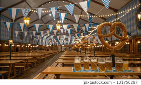Festive Oktoberfest beer tent in Bavaria waiting for celebration. traditional background with long wooden table, pretzel, and festive flag Festive Oktoberfest beer tent in Bavaria waiting for celebration. traditional background with long wooden table, pretzel, and festive flag 131750287