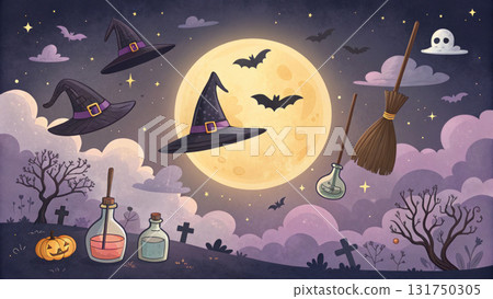Spooky halloween night background with glowing moon, witch hat, flying bat, and ghost. magical, mysterious cartoon illustration for october Spooky halloween night background with glowing moon, witch hat, flying bat, and ghost. magical, mysterious cartoon illustration for october 131750305