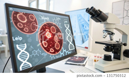 Focused laboratory research in science and medicine using technology. computer screen shows DNA analysis of magnified blood cells with microscope 131750312