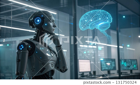 Contemplative humanoid robot thinking with future ai technology. glowing digital brain hologram represents artificial intelligence learning data 131750324