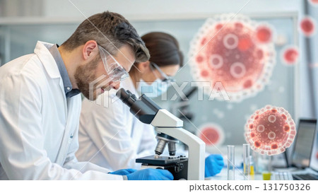 Focused scientist team in laboratory doing virus research with microscope. Man and woman working in science, medicine, and technology 131750326