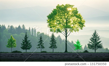 Serene green tree in forest landscape, beautiful concept of nature, growth, and light. peaceful and tranquil scene of hope outdoors 131750350
