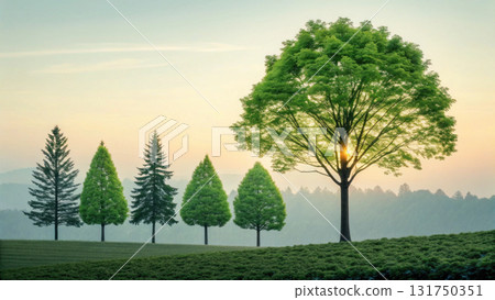 Peaceful tree and green landscape, concept of growth in nature. Sun light over hill provides beautiful background with feeling of hope 131750351