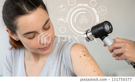 Concerned patient woman at dermatology clinic for mole check. Doctor uses dermatoscope on her arm for skin cancer screening and diagnosis 131750377