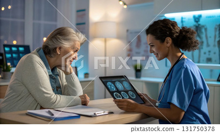 Female doctor at hospital desk reassuring senior patient during consultation, reviewing brain scan on tablet for medical diagnosis 131750378