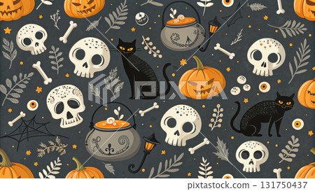 Spooky halloween pattern background with skull, pumpkin, and cat illustration. seamless jack o lantern design for festive fall decoration 131750437