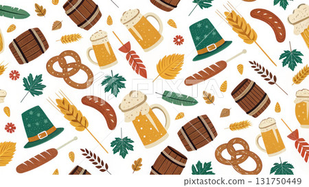 Joyful Oktoberfest seamless pattern background with German festival icons. Traditional beer, pretzel, and sausage illustration for celebration Joyful Oktoberfest seamless pattern background with German festival icons. Traditional beer, pretzel, and sausage illustration for celebration 131750449