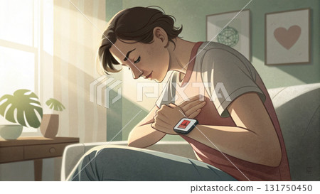 Concerned and anxious person checking health and heart rate on smartwatch. Modern technology for home health monitoring and wellness Concerned and anxious person checking health and heart rate on smartwatch. Modern technology for home health monitoring and wellness 131750450