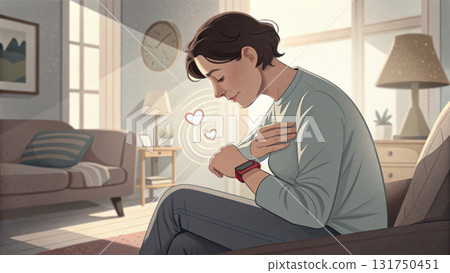 Happy contented woman at home in living room checking love message on smartwatch. Person feeling joy with modern wearable technology 131750451