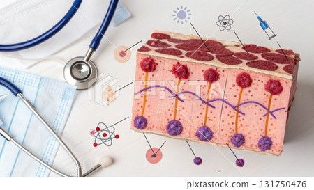 Focused medical infographic of skin layer anatomy for dermatology and science education, detailed human structure for health and skin care study Focused medical infographic of skin layer anatomy for dermatology and science education, detailed human structure for health and skin care study 131750476