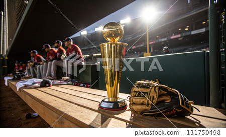 Triumphant shiny golden baseball championship trophy and glove on dugout bench. proud symbol of victory, team achievement, and sport success 131750498