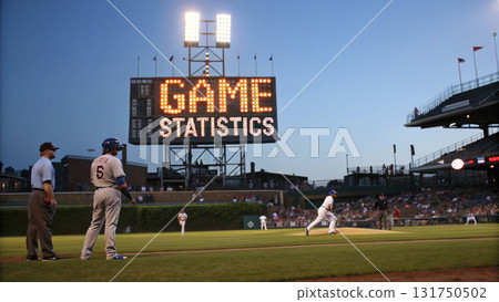 Giant digital scoreboard shows game statistics at nostalgic night baseball game. Players on field under stadium lights create classic scene 131750502