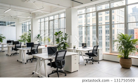 Bright, calm open plan office interior with modern furniture near floor to ceiling window. professional, spacious corporate workplace ready 131750509
