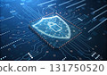 Glowing cybersecurity shield symbol for digital protection and data security. An abstract technology concept representing secure computer network 131750520