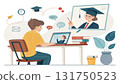 Focused young student studying online from home using laptop for e learning education. Flat illustration of boy in class with virtual teacher 131750523