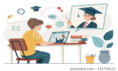 Focused young student studying online from home using laptop for e learning education. Flat illustration of boy in class with virtual teacher 131750523