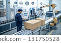 Focused worker in factory workflow using control panel for robot arm automation. conveyor moves cardboard box for modern packaging 131750528
