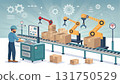 Focused factory workflow illustration with worker managing manufacturing automation. Robot technology moves boxes on modern industrial conveyor 131750529