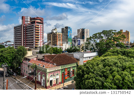 Largo Sao Sebastiao Square in Manaus, Amazonas, Brazil in front of the Teatro Amazonas with a fountain in the center. Largo Sao Sebastiao Square in Manaus, Amazonas, Brazil in front of the Teatro Amazonas with a fountain in the center. 131750542